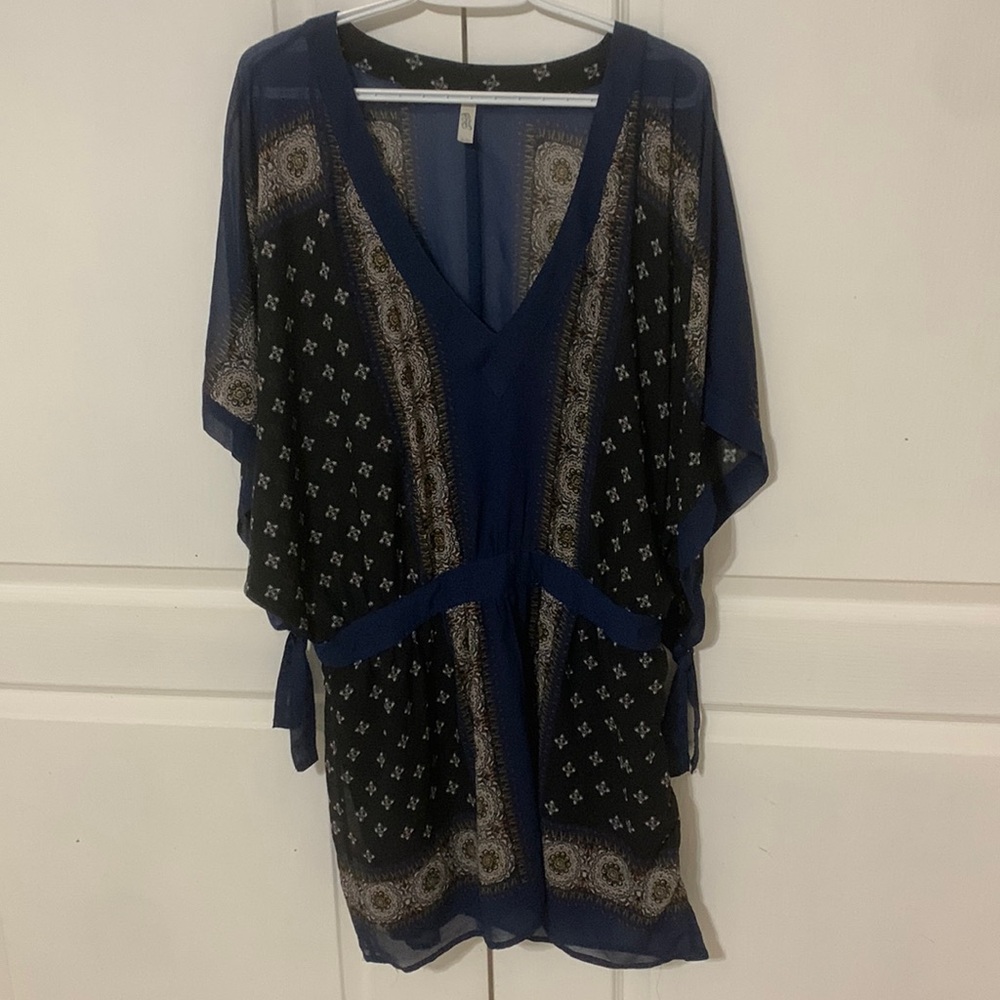 Navy and Black Printed V-Neck Women's Dress